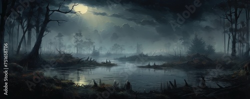 mysterious and misty swamp landscape photo