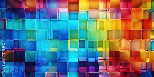 Colorful matrix of colored glass squares. Colorful eye-catching abstract background for creative and diverse content. Rainbow colored glass grid background.