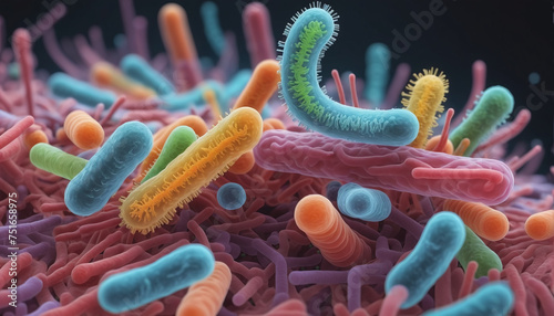 Close-up of differently colored prokaryotes for example Escherichia coli bacteria photo