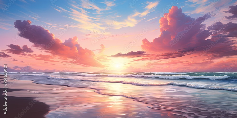 A breathtaking sunset with pink clouds over a tranquil beach with gentle waves and reflective sands