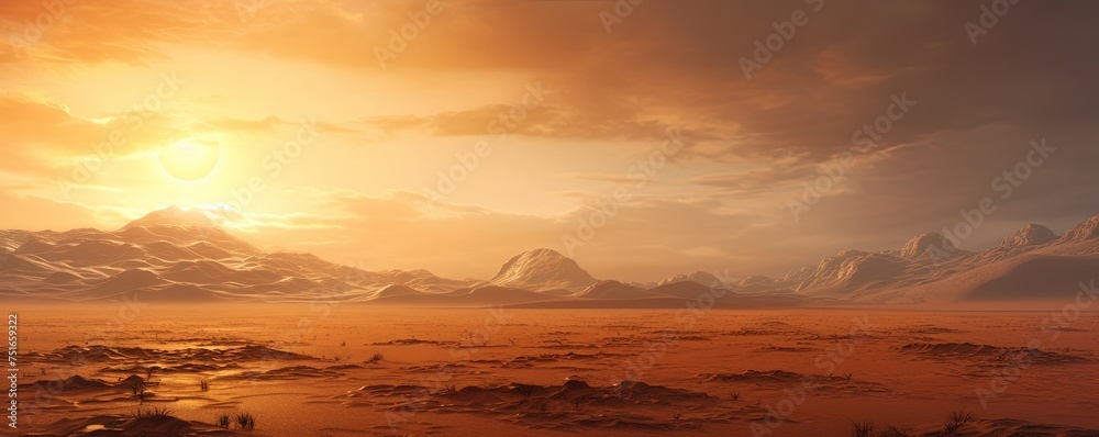 Cinematic African landscape. Sahara grasslands. Sunrise over the desert plains.