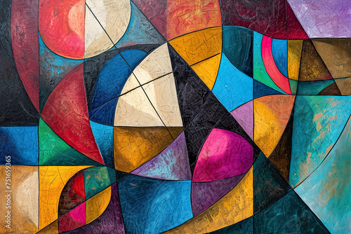 a colorful abstract painting with geometric shapes