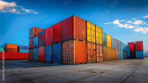 Stacked cargo containers in the storage area of freight sea port terminal, concept of export-import and national delivery