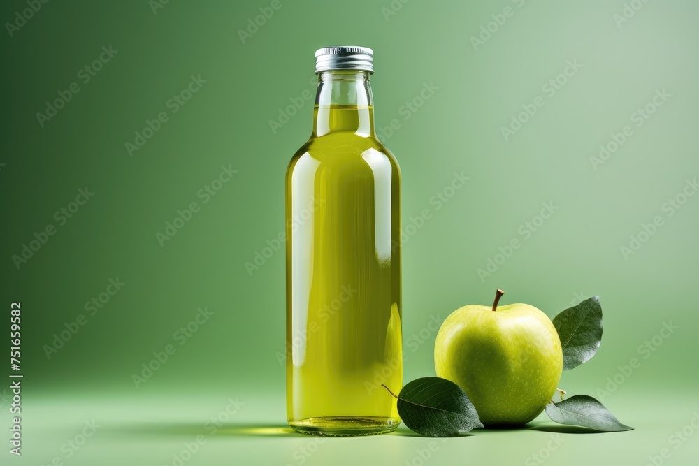 Bottle of fresh apple juice, glass and apples on green background isolated Bottle of fresh apple juice, glass and apples on green background isolated