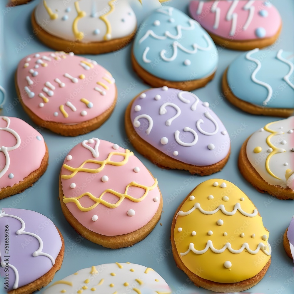 Easter Eggs Cookies with Royal Icing, Biscuit Color Eggs for Easter Design, Copy Space Easter Eggs Cookies with Royal Icing, Biscuit Color Eggs for Easter Design, Copy Space