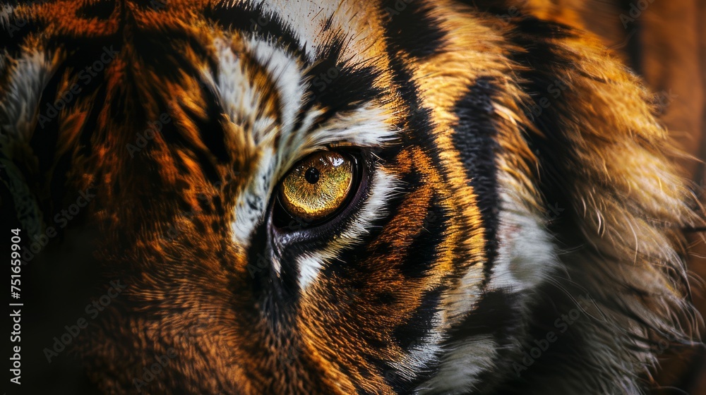 Wildlife tiger striped photography. Open eye black orange fur. Dangerous cat animal tropical jungle forest hunter close up photo 