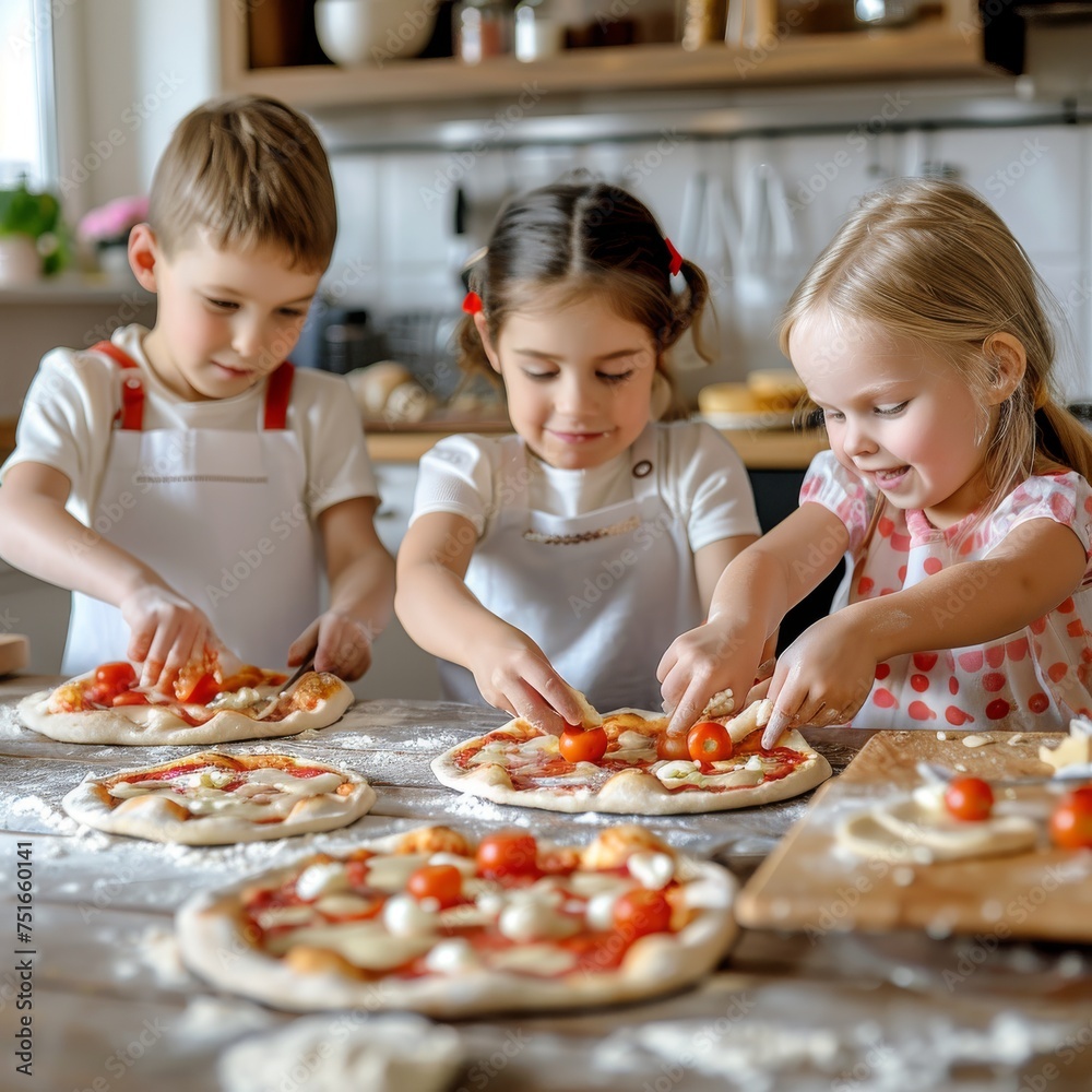 Making Pizza with Happy Children, Fun Cooking Pizza Together in Modern Home, Copy Space Making Pizza with Happy Children, Fun Cooking Pizza Together in Modern Home, Copy Space