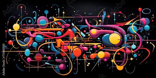 Vibrant abstract graffiti art with dynamic shapes and dots on a black background