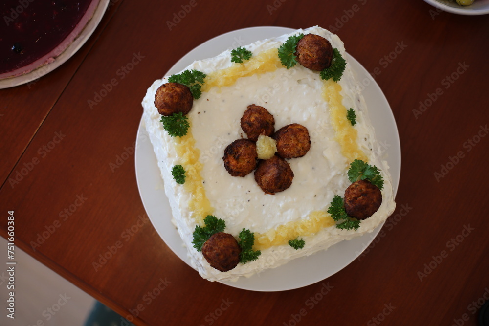Vegan sandwich cake (voileipäkakku, smörgåstårta, voileivtort). Healthy and delicious savory home made cake for summertime celebrations. Common in Finland and Sweden. Closeup color image. Vegan sandwich cake (voileipäkakku, smörgåstårta, voileivtort). Healthy and delicious savory home made cake for summertime celebrations. Common in Finland and Sweden. Closeup color image.