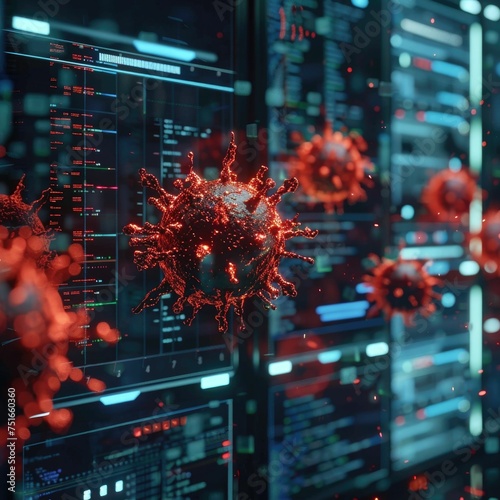 A 3D rendered digital virus against a futuristic data center server room background. 