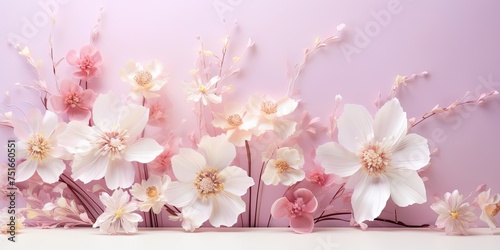 Artistic arrangement of delicate flowers in pastel pink and white tones on a clean background