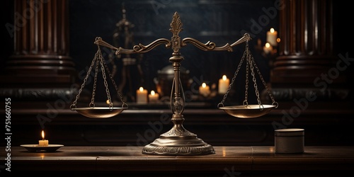Justice concept. A balance scale in a dark court room.