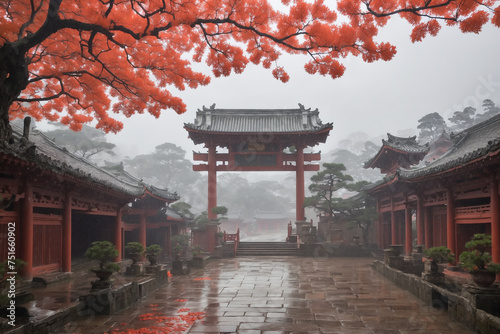 Japanese garden with gazebos and flowering trees in the rain