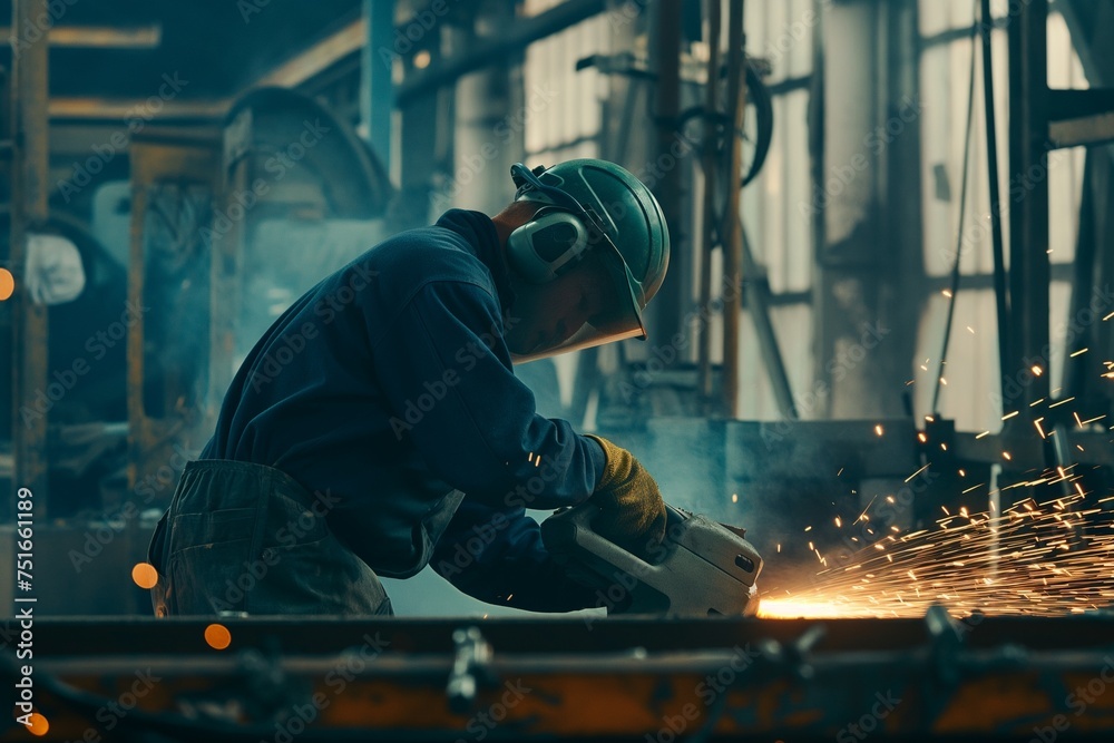 industrial worker using angle grinder and cutting metal pipe, protective clothing and helmets.