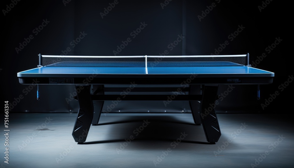 Blue and smooth surface table tennis table with tight black net to being prepared for practice - obrazy, fototapety, plakaty 