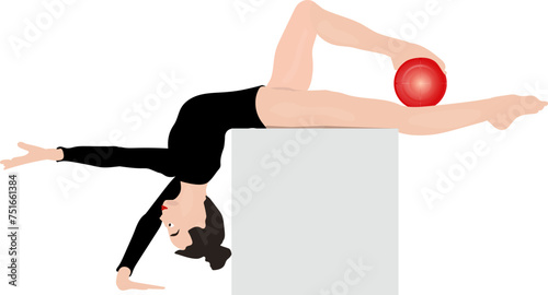 A black silhouette of a girl sits on a cube, performing artistic gymnastics with a red ball against a white background. The illustration exudes grace, agility, and elegance, showcasing the dynamism of
