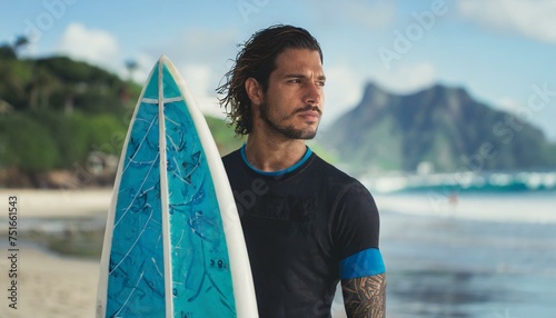  Handsome young male athlete with tattoo holding surf board with wet hair on summer beach sport holiday. Surfing lifestyle 