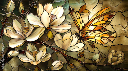Stained glass white Magnolia with butterfly on beautiful Gold background as wallpaper illustration  Stained glass spring decoration  Elegant White Gold Flower 