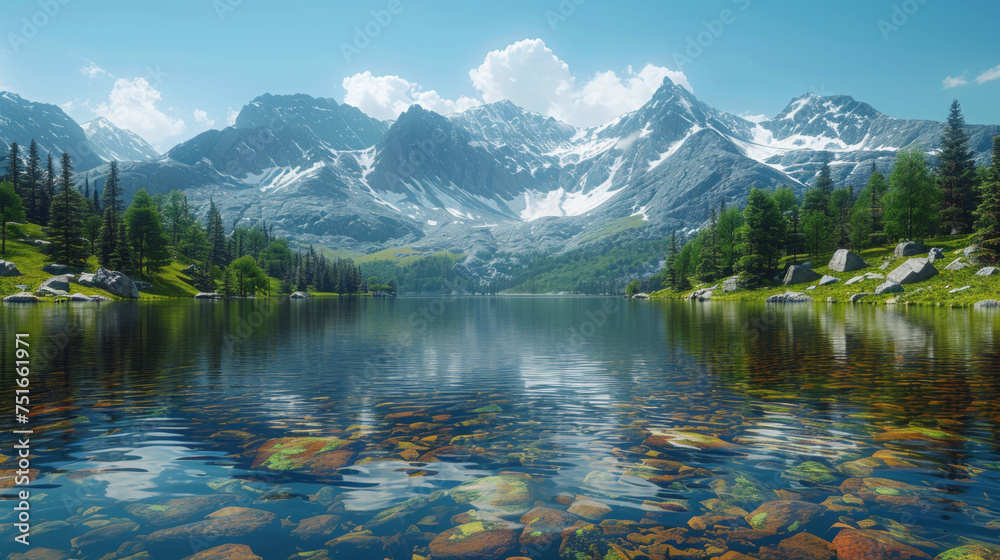 Panoramic view on mountain lake in front of mountain range, national park in Altai republic, Siberia, Russia.