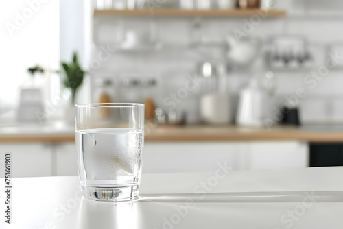 Glass of water in a bright Scandinavian style kitchen