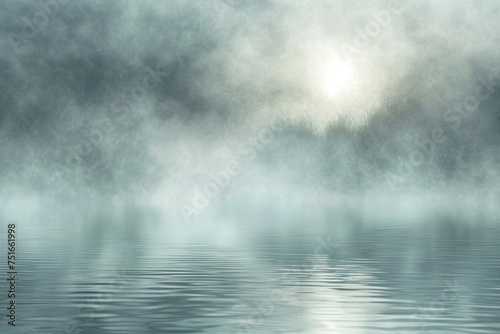Craft a mottled background that reflects the subtle beauty of an early morning mist rolling over a tranquil lake, with soft grays, blues, and hints of sunlight piercing through
