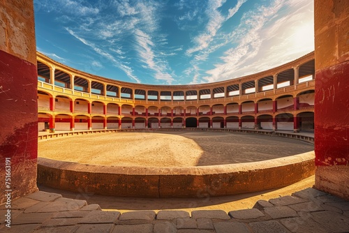 An empty round bullfight arena in Spain with a clock tower in the background. The traditional Spanish bullring stands silently, devoid of any audience or performers.