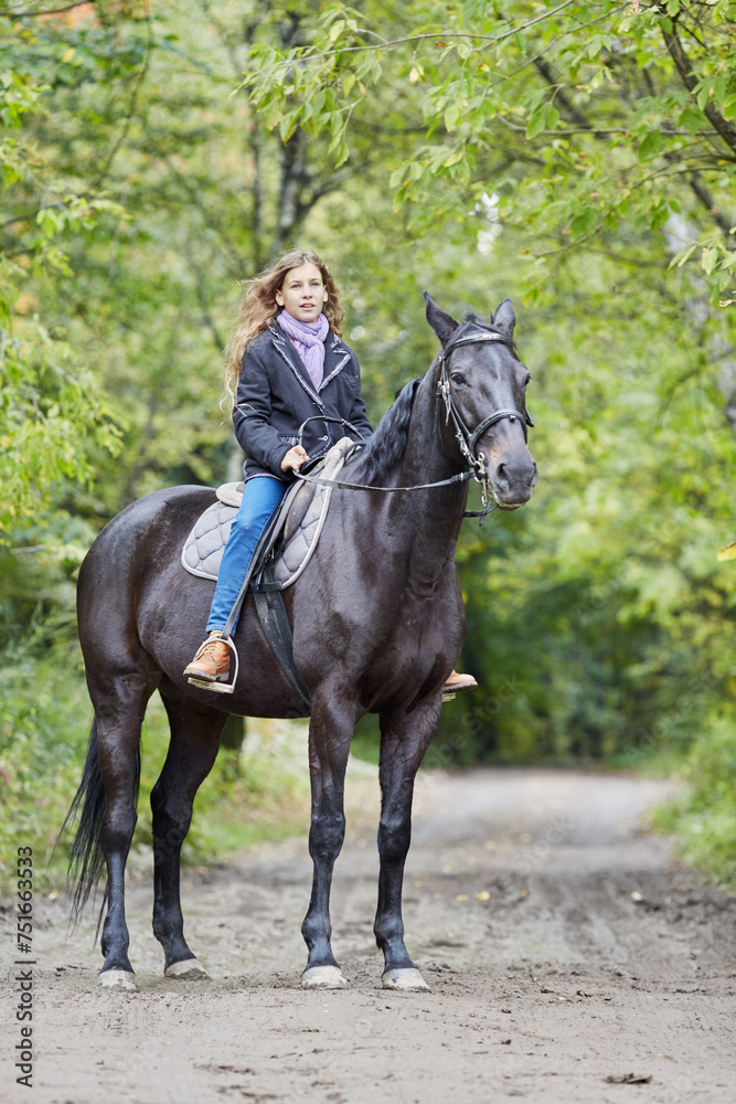 Teenage girl sits on chestnut horse in park Teenage girl sits on chestnut horse in park