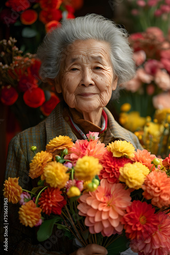 Elderly Chinese woman with a bouquet of flowers on a bright background © Olga
