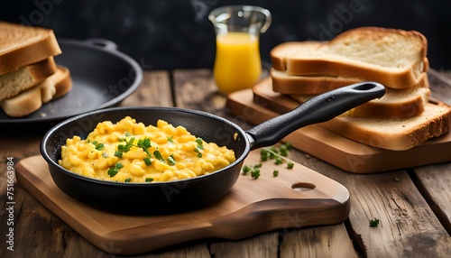 Scrambled egg in frying pan and toast on wooden table
