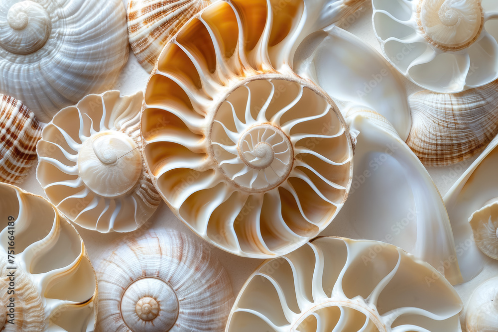 Generate a pattern of spiraling seashells, capturing the beauty