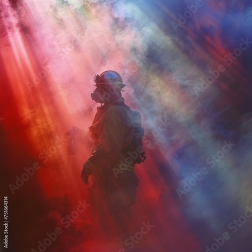 Rescue man in firefighter uniform and oxygen mask walk through orange signal smoke