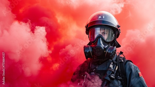 Rescue man in firefighter uniform and oxygen mask walk through orange signal smoke photo