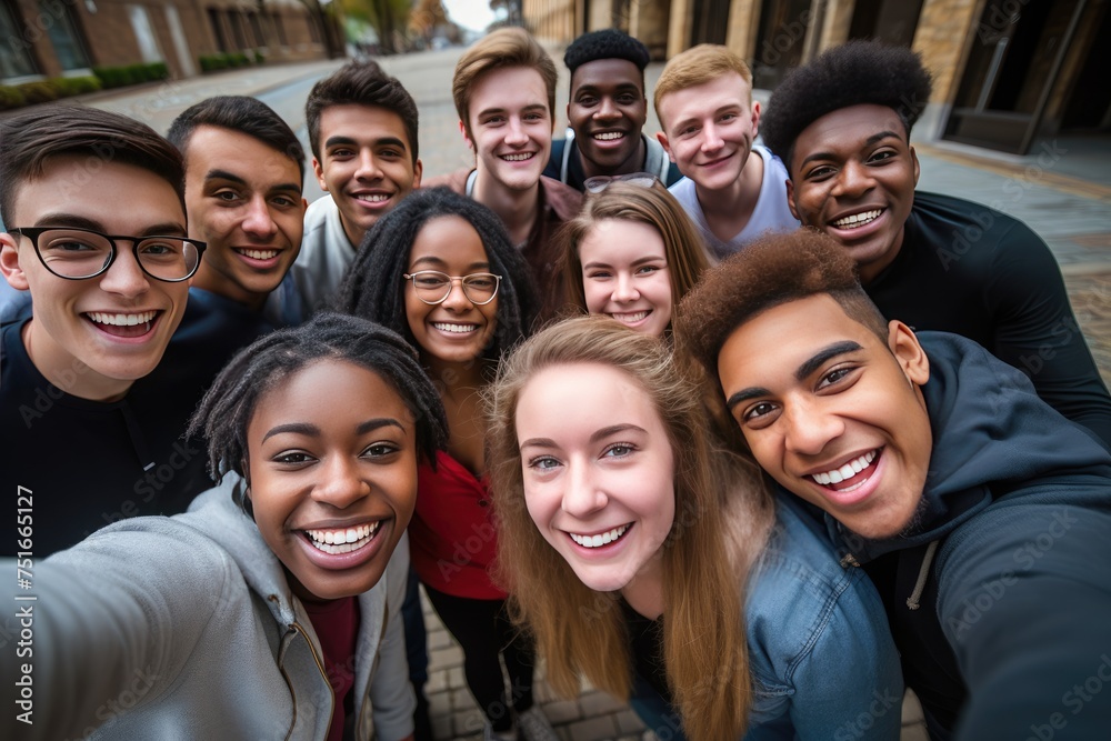 group of multicultural students gather together, taking a joyful selfie and flashing their radiant smiles, group of multicultural students gather together, taking a joyful selfie and flashing their radiant smiles,