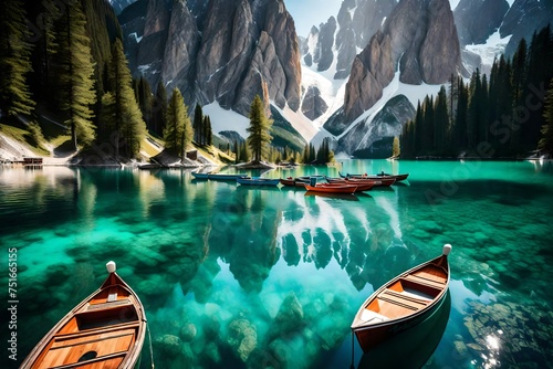canoe on lake, Glide into the breathtaking beauty of the Braies Lake (Pragser Wildsee) nestled amidst the majestic Dolomites mountains of Sudtirol, Italy