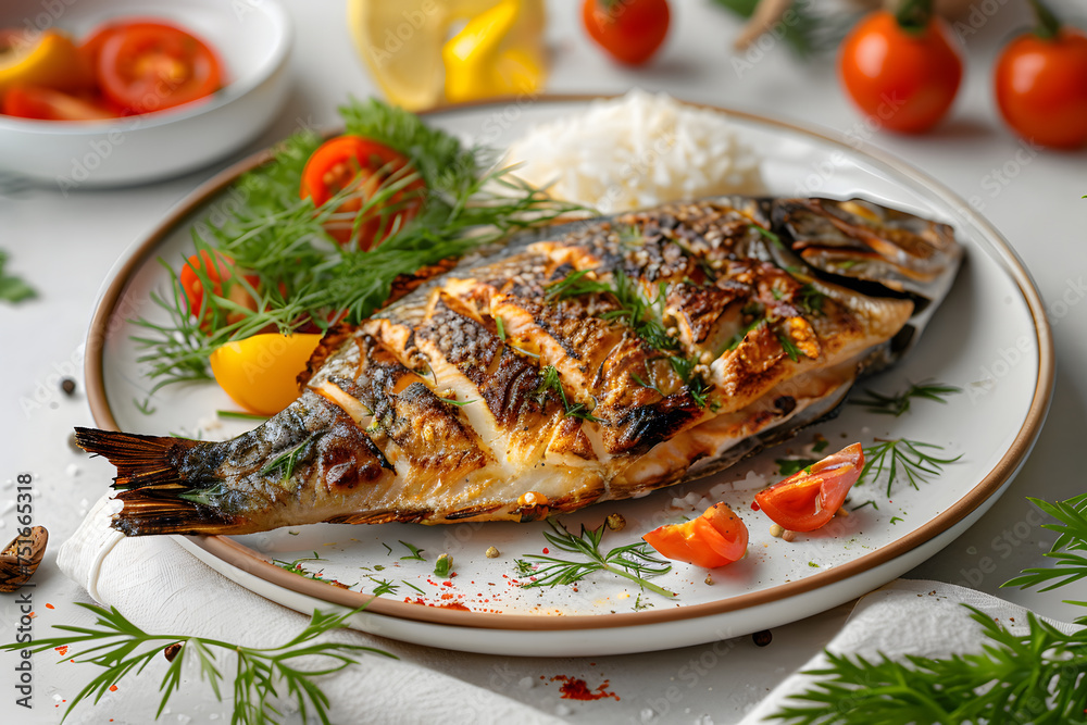 Baked fish with vegetables, on minimalistic modern dishes, against the backdrop of a light kitchen Baked fish with vegetables, on minimalistic modern dishes, against the backdrop of a light kitchen