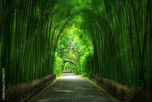 A road immersed in nature, flanked by numerous tall trees on both sides, creating a tunnel-like canopy overhead. The path is scenic and shaded, providing a cool and refreshing drive.