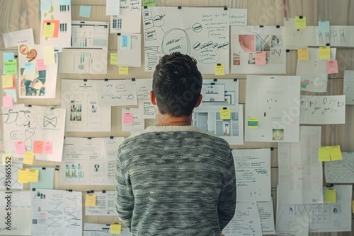 A person is standing in front of a wall completely covered with colorful post it notes. The person appears to be examining the notes, possibly searching for a specific one.