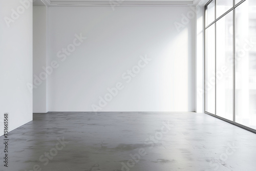 Modern and simple empty room. Large windows. Copy space. Mockup wall. 3d illustration.