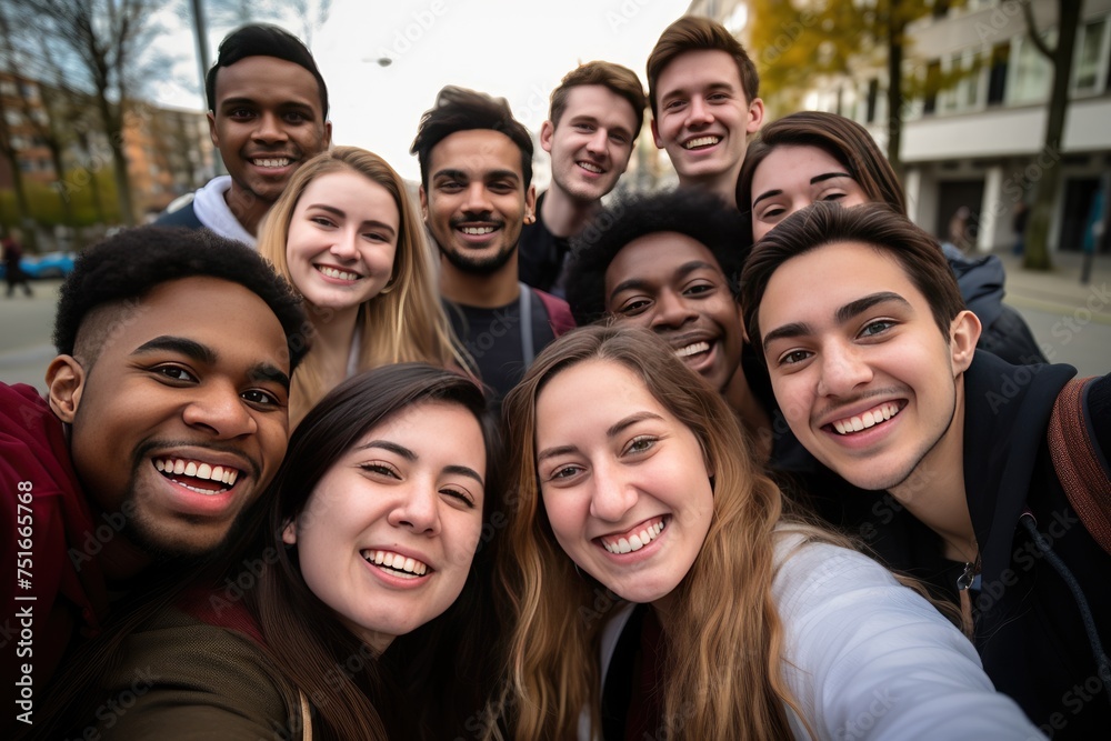 Obraz premium Group of multicultural students gather together, taking a joyful selfie, Ai generated
