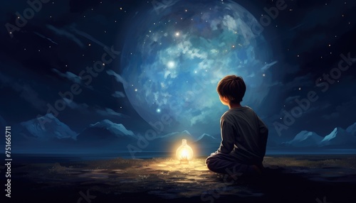 boy pulled the big bulb half buried in the ground against night sky with stars and sky dust