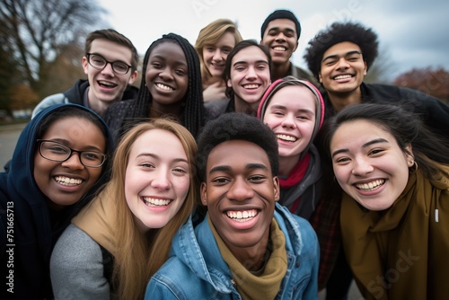 group of young people smiling together at camera Happy friends taking selfie pic, Ai generated