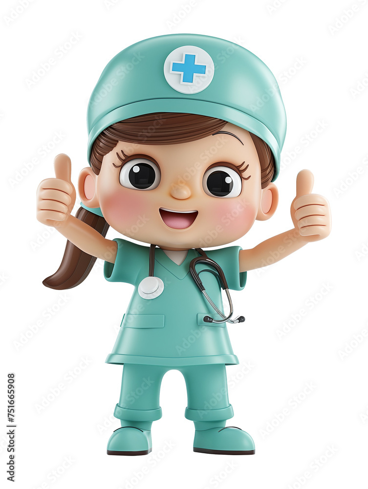 Nurse 3D Cartoon Style Thumbs up Isolated on Transparent Background
Nurse 3D Cartoon Style Thumbs up Isolated on Transparent Background