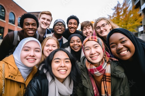 Group of multicultural students gather together, taking a joyful selfie, Ai generated