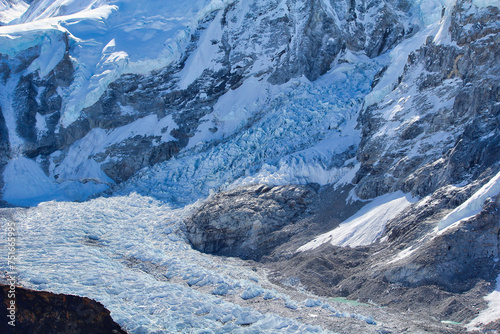 Khumbu icefall, the greatest danger in climbing Everest with deep crevasses and crumbling rocks and ice with constant avalanche danger near Everest Base camp,Nepal