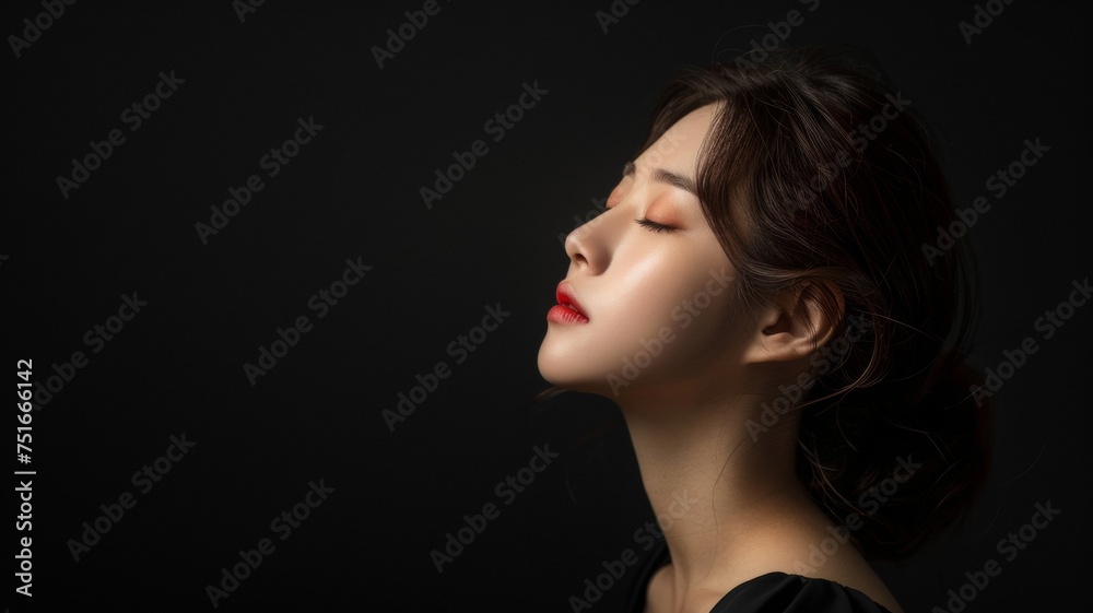 portrait of korean young woman with eyes closed on dark background
portrait of korean young woman with eyes closed on dark background