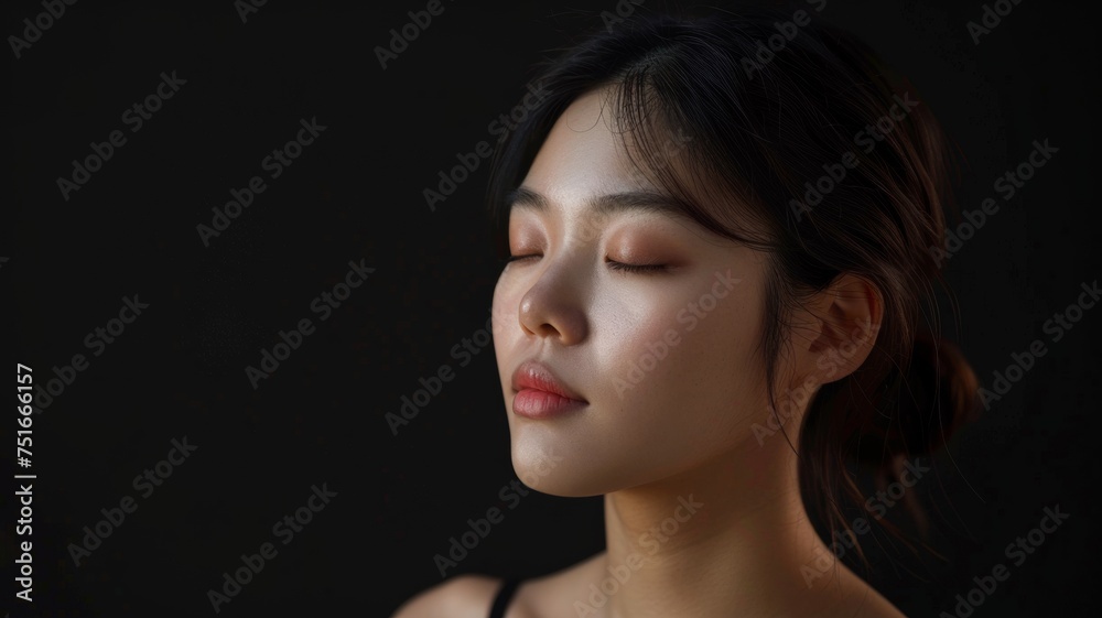 portrait of korean young woman with eyes closed on dark background
