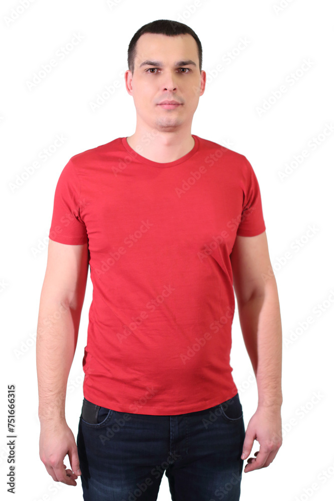 Fototapeta premium Portrait of a handsome man in red T-shirt isolated on white