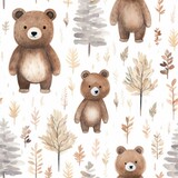 Watercolor woodland bears and autumn foliage seamless pattern