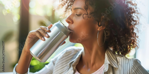Close-up of a young woman holding and drinking from a chilled beverage aluminum can with a clean packaging design, mockup.