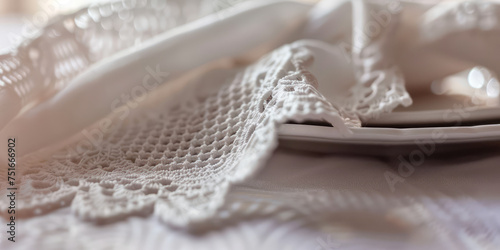 Delicate Crochet Lacework on White Background. Intricate white crochet patterns offering a soft  detailed texture.